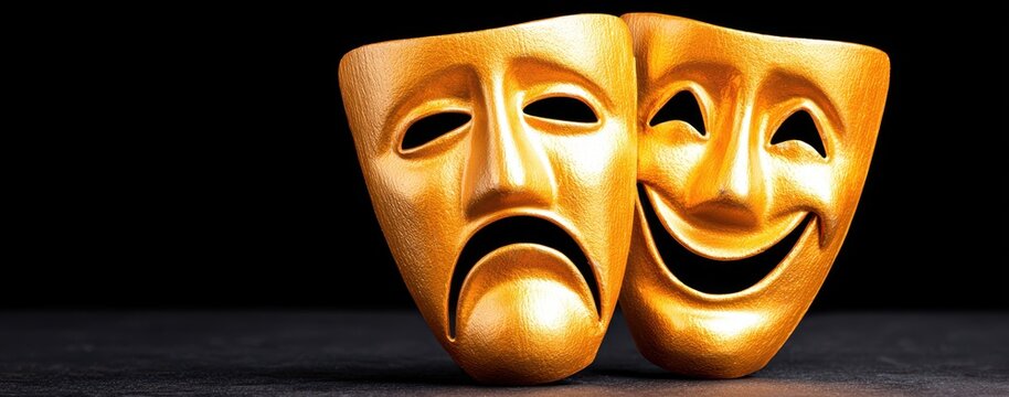 Golden Comedy and Tragedy Masks on Dark Background for Theater Performances and Dramatic Arts Presentations Symbolizing Duality and Human Emotion