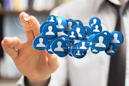 Hand touching digital icons representing social network connections and networking, perfect for business and technology themes. - Powered by Adobe