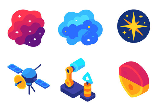 Space Exploration Icons. Isometric vector illustration set Space exploration &ndash; nebula exploration, gas cloud, starburst; probe