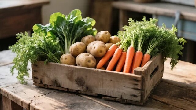 Assortment of fresh organic vegetables including carrots, potatoes, and leafy greens placed in a rustic wooden crate. Farm harvest idea. Natural and healthy food.