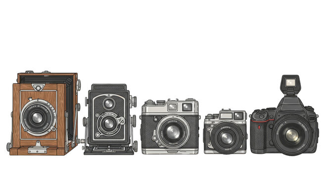 Vintage camera evolution lineup on black