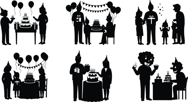 Happy birthday celebration, family and friends with cake, balloons, party hats, and gifts, joyful moments, silhouette illustration of party fun - Powered by Adobe