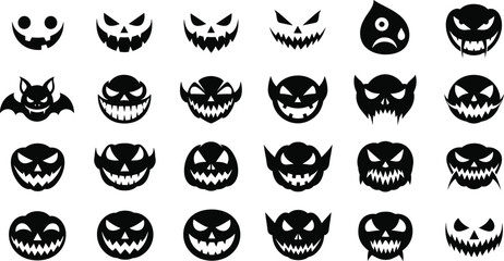 Halloween face silhouettes, spooky monster icons, scary expressions, black vector grid, horror character set, festive design elements, creepy graphics