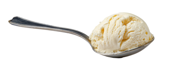 A close-up view of a spoonful of creamy vanilla ice cream, showcasing its smooth texture and inviting appearance, perfect for dessert menus or food blogs