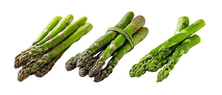 Fresh green asparagus bundles tied together, showcasing vibrant colors and textures, set against a clean white background, ideal for culinary presentations or healthy eating promotions