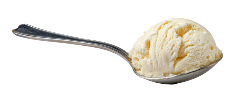 A close-up view of a spoonful of creamy vanilla ice cream, showcasing its smooth texture and inviting appearance, perfect for dessert menus or food blogs