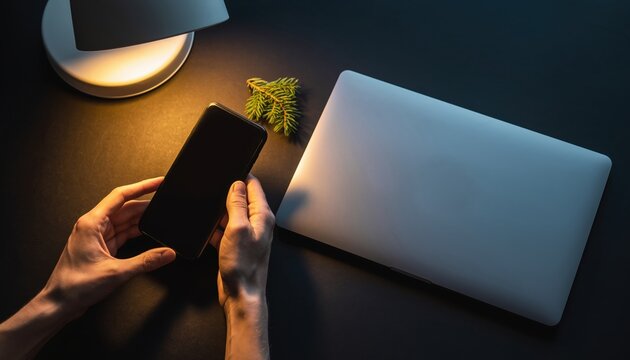 Hands Holding Smartphone at Warm Desk — Laptop, Lamp and Minimal Night Workspace