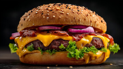 A close up shot of a delicious looking burger with bacon cheese and red onions on a sesame bun