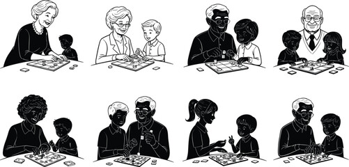 Grandparents playing board games with grandchildren, family bonding, multigenerational fun, senior activity, learning, happiness, childhood education, family love illustration