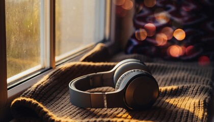 Wireless Headphones on Cozy Blanket by Window — Warm Sunlight and Soft Bokeh