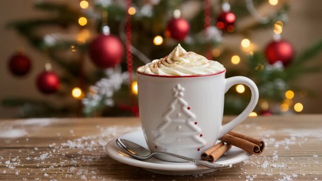 White ceramic mug with Christmas tree pattern filled with hot beverage and whipped cream, served with cinnamon sticks on wooden table. Blurred Christmas tree with lights in background.