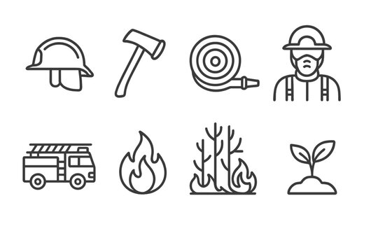 Firefighting Essentials Icons. Line style icons of Firefighting Gear: Helmet, Axe, Fire Hose, Smoke Jumper, Fire Truck, Flame,