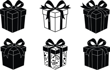 Gift box vector set with ribbon and bow, present illustration icons, holiday celebration design, surprise package decoration concept.