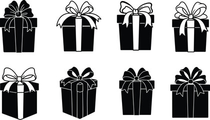 Gift box vector collection with ribbon and bow, holiday present illustration, celebration package icon set, festive design concept.