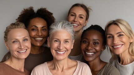 Fototapeta premium Diverse Group of Women Smiling Together Against a Neutral Backdrop in an Uplifting Moment of Friendship and Joy