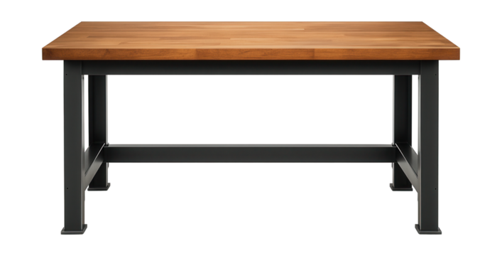 Sturdy steel workbench with a durable wood top, ideal for industrial workshops.