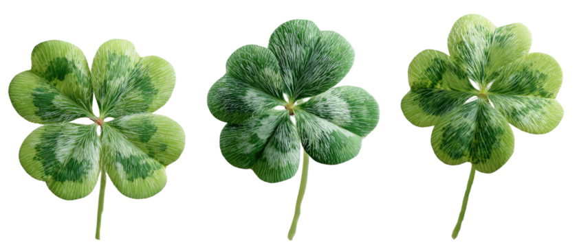 A close-up view of three distinct four-leaf clovers showcasing varying shades of green with intricate leaf patterns, set against a transparent background, ideal for nature-themed designs