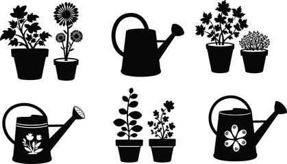 Garden plant pot and watering can vector illustration, floral gardening silhouette set, home decor nature element for spring design concept. © Rafin's World