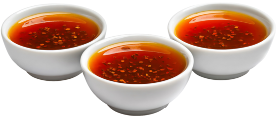 Three elegant white bowls filled with rich, aromatic tea garnished with spices, set against a clean background, suggesting a peaceful tea-drinking experience