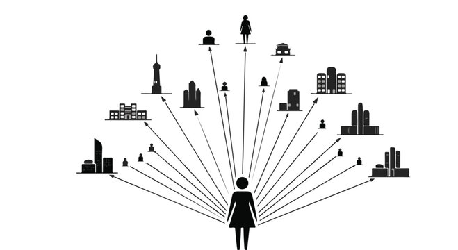 Woman connects with diverse opportunities and career paths radiating outwards