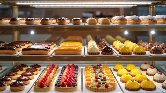 Wide selection of glossy desserts including chocolate eclairs, mousse cakes and fruit tarts in a pastry shop display. Bright colors and rich textures. Gourmet sweet food presentation.