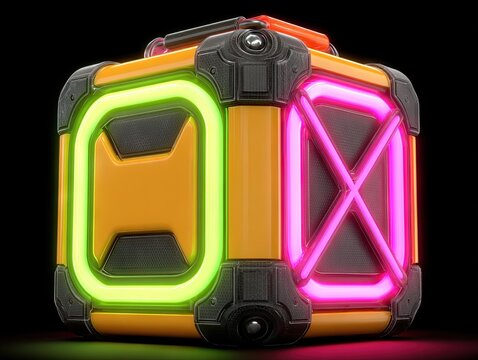 Futuristic neon supply cube glowing with green and pink light, representing energy storage, sci-fi design, and digital-era aesthetics