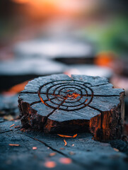 Close-Up Shot of a Carved Wooden Stump with Circular Pattern Outdoors During the Day