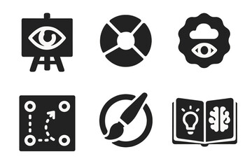 Symbolic Art Icons. Solid style icons of symbolism in visual arts: eye on canvas icon, color wheel glyph, surreal badge.