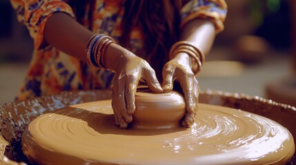 Mindful Clay Art Therapy Showing a Young Multiracial Woman Centering on Pottery Wheel, Finding Balance, Focus, and Emotional Calm in Modern Creative Studio Environment