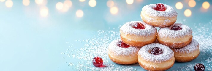 traditional Hanukkah sufganiyot covered in powdered sugar and filled with fruit jelly beside menorah and festive ornaments on blue background