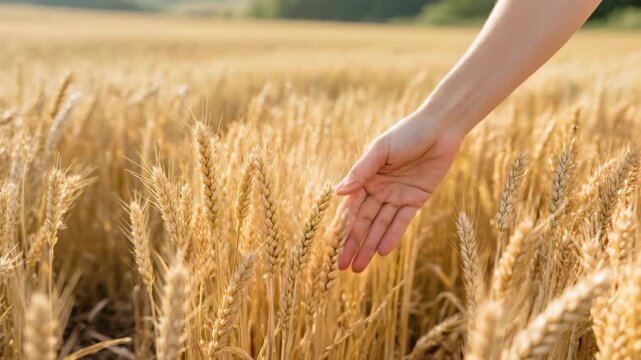 Hand gently touching golden wheat spikes in a ripe field during sunset. Concept of harvest, nature and farming. Peaceful rural scene with natural light and agricultural atmosphere.