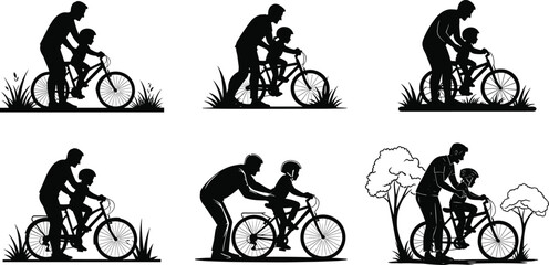 Father teaching son to ride bicycle silhouette, family outdoor activity, parenting guidance, cycling training, childhood learning, bonding moment, love, care