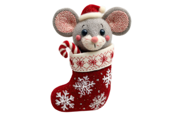 Adorable knitted mouse in Christmas stocking with candy cane, perfect holiday cheer