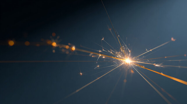 Close-up of a bright sparkler emitting glowing sparks against a dark blue background with dynamic light trails and bokeh effects