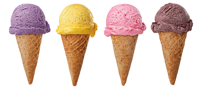 A colorful assortment of ice cream cones featuring purple, yellow, pink, and chocolate flavors, set against a clean white background, perfect for dessert promotions or culinary displays