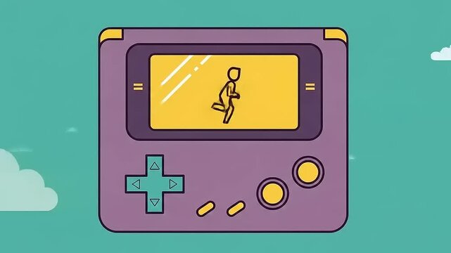 Cartoon illustration of a purple handheld game console with a running figure on the screen.