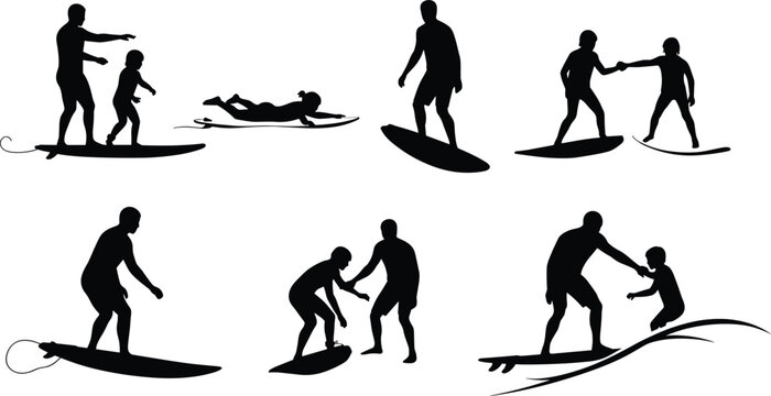 Family surfing silhouettes, parent teaching child, ocean waves, surfing lessons, summer vacation, beach fun, outdoor sport, bonding time, water activity, balance.