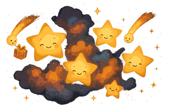Stellar Nursery Delight. Stellar nursery with smiling baby stars, glowing nebula clouds, and comets bringing gifts of stardust No