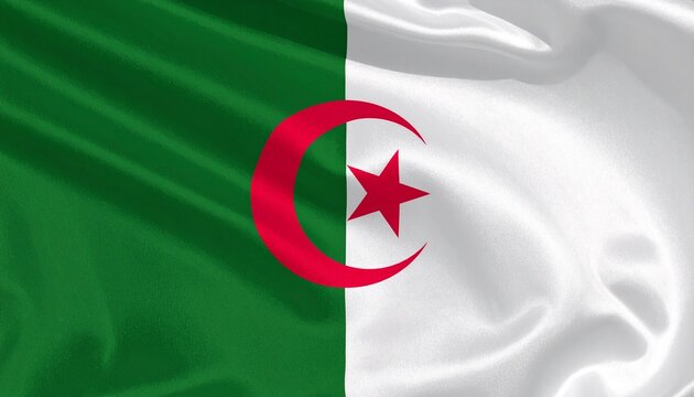 Algeria’s flag with vertical green and white bands and a central red crescent and star—symbolizing Islam, peace, and national identity.