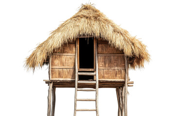 Traditional thatched hut on stilts isolated on transparent background. Wooden hut with a straw roof and ladder isolated on white background.