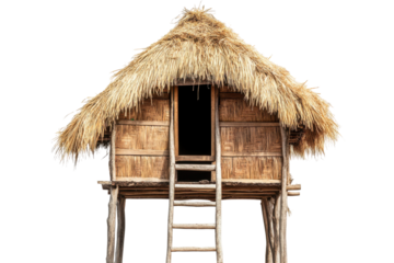 Traditional thatched hut on stilts isolated on transparent background. Wooden hut with a straw roof and ladder isolated on white background.