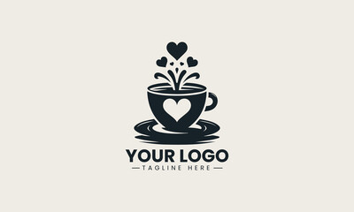 Black coffee cup silhouette with heart steam elegant minimal logo illustration design