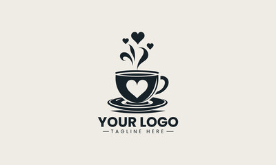 Black coffee cup silhouette with heart steam elegant minimal logo illustration design