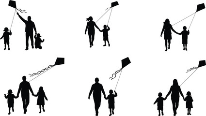 Obraz premium Family flying kites silhouettes, parents and children outdoor activity, happy childhood moments, family bonding, leisure time fun, sky, wind, playtime, park.