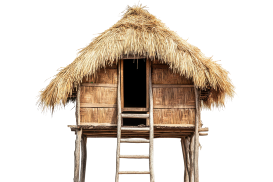 Traditional thatched hut on stilts isolated on transparent background. Wooden hut with a straw roof and ladder isolated on white background.