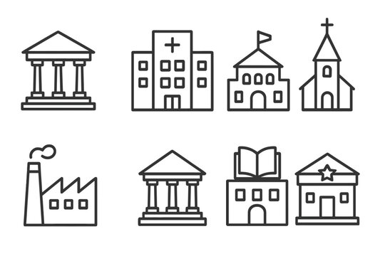 Institution Line Icons. Line style icons of Institutions: Courthouse, Hospital, University, Church, Factory, Bank, Library, Police