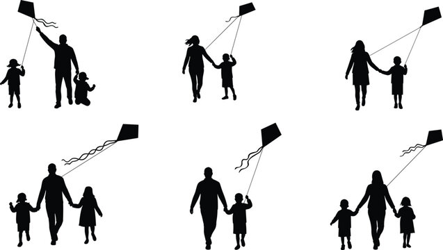 Family flying kites silhouettes, parents and children outdoor activity, happy childhood moments, family bonding, leisure time fun, sky, wind, playtime, park. - Powered by Adobe