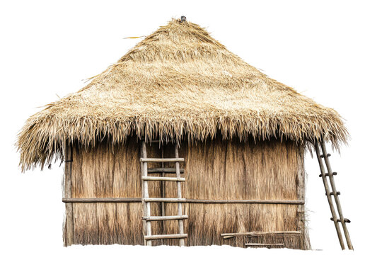 Traditional thatched hut on stilts isolated on transparent background. Wooden hut with a straw roof and ladder isolated on white background. - Powered by Adobe