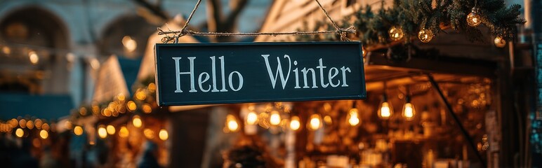 Festive market banner with plate Hello Winter above Christmas market stall.
