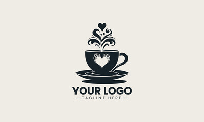 Black coffee cup silhouette with heart steam elegant minimal logo illustration design